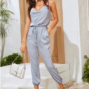 Silky cami blue gray drape neck tie waist lounge jumpsuit NWOT